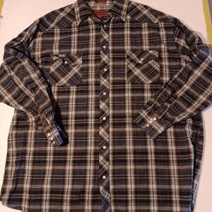 Cotton Works Flannel Shirt Men's 2XL Plaid Gray and Black and Brown Pearl Snaps